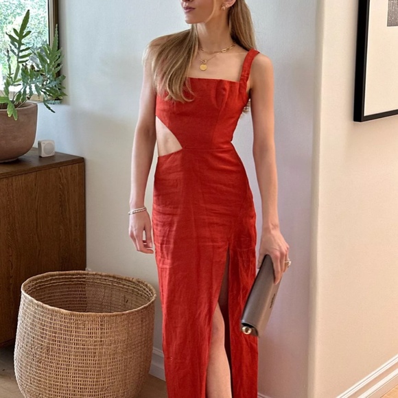 NEW Reformation Satori Linen Midi Dress - Blood Orange Vacation Party Cut Out - Picture 4 of 11